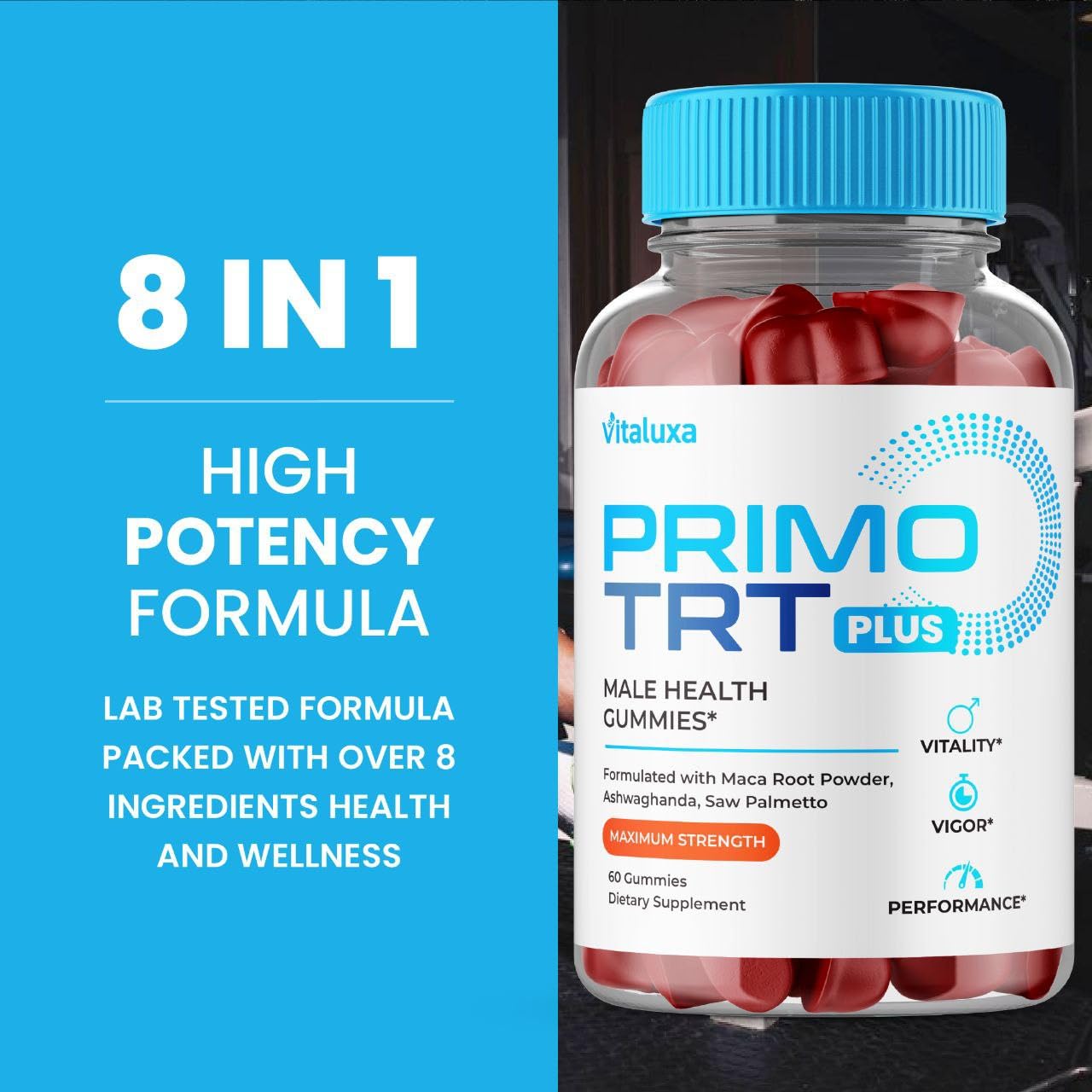 Close-up view of Primo TRT Gummies bottle with gummies visible