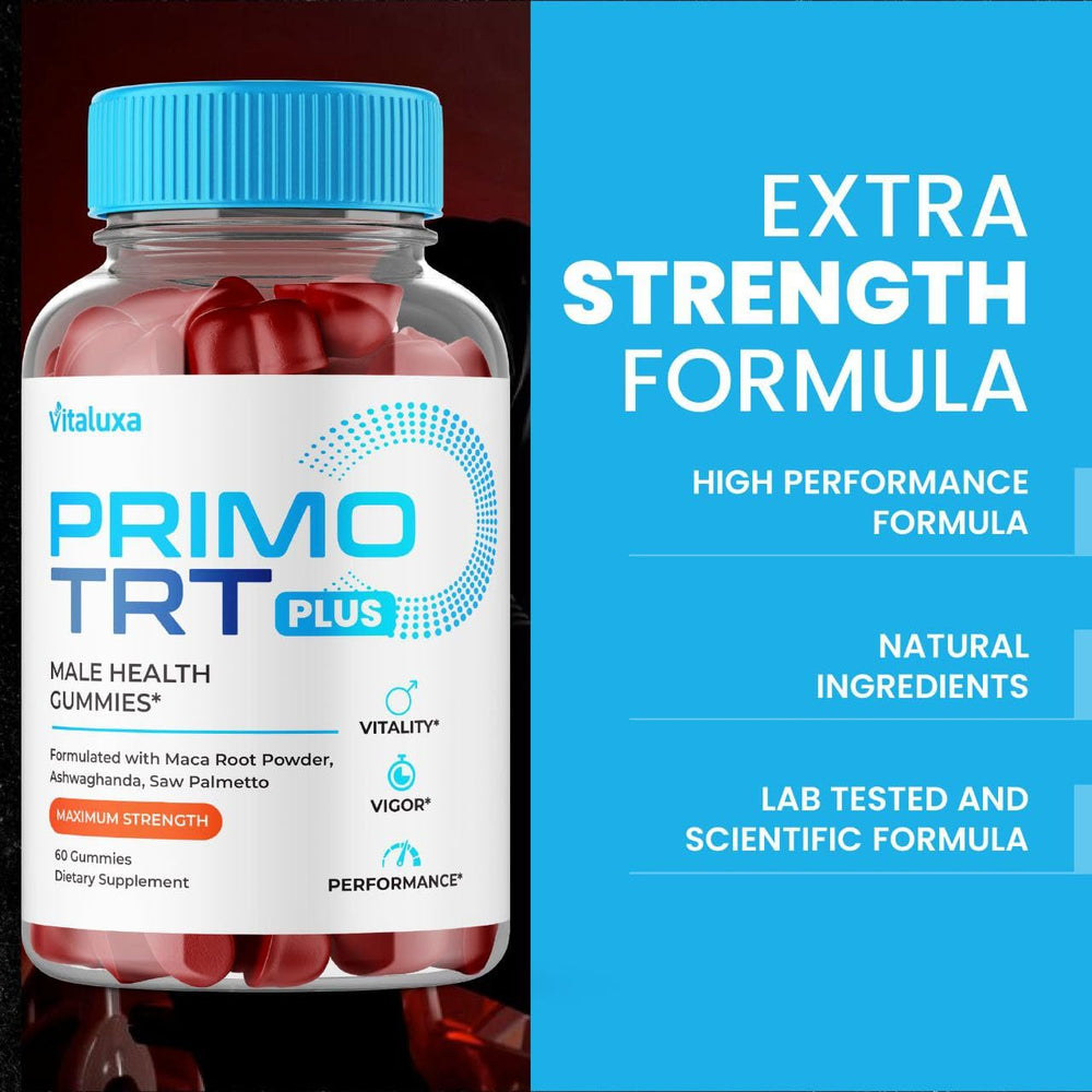 Primo TRT Gummies packaging and bottle on a white background