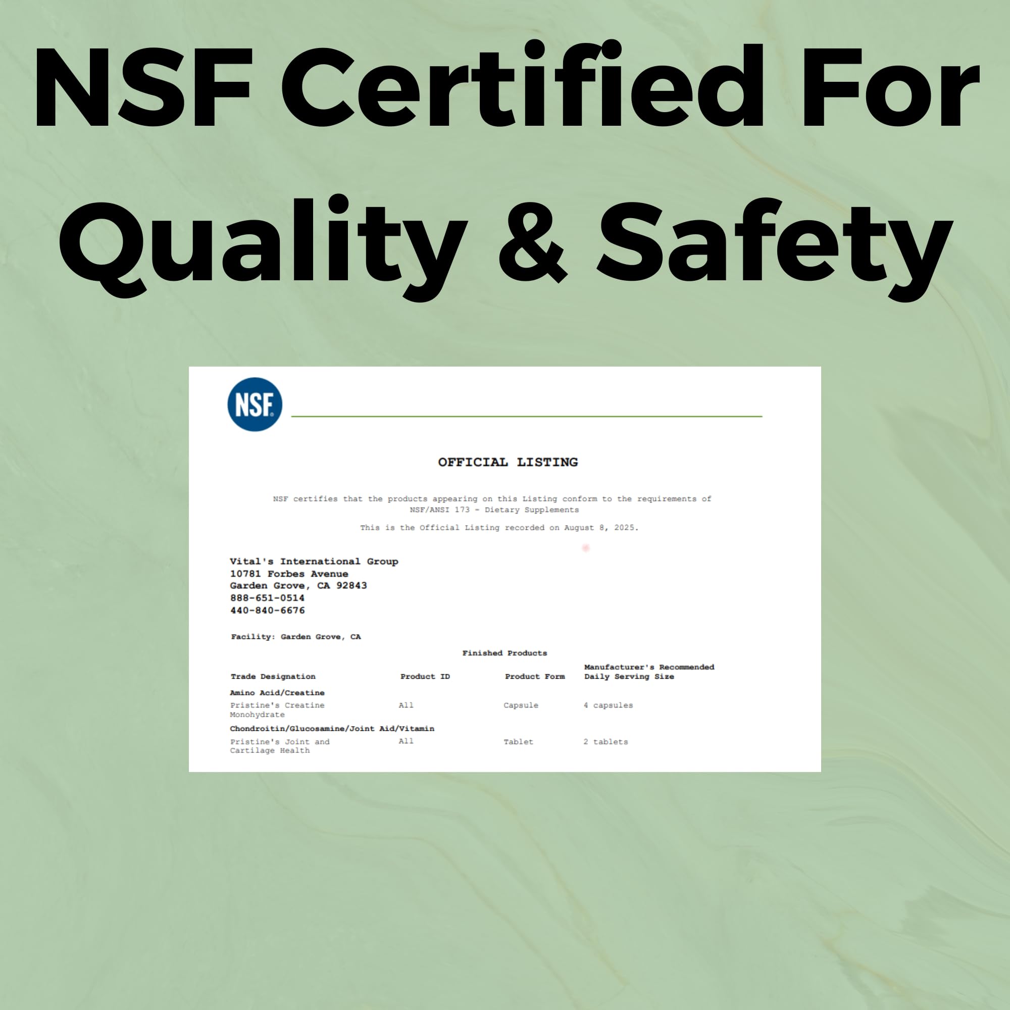 PRISTINE Creatine Monohydrate supplement facts on the label