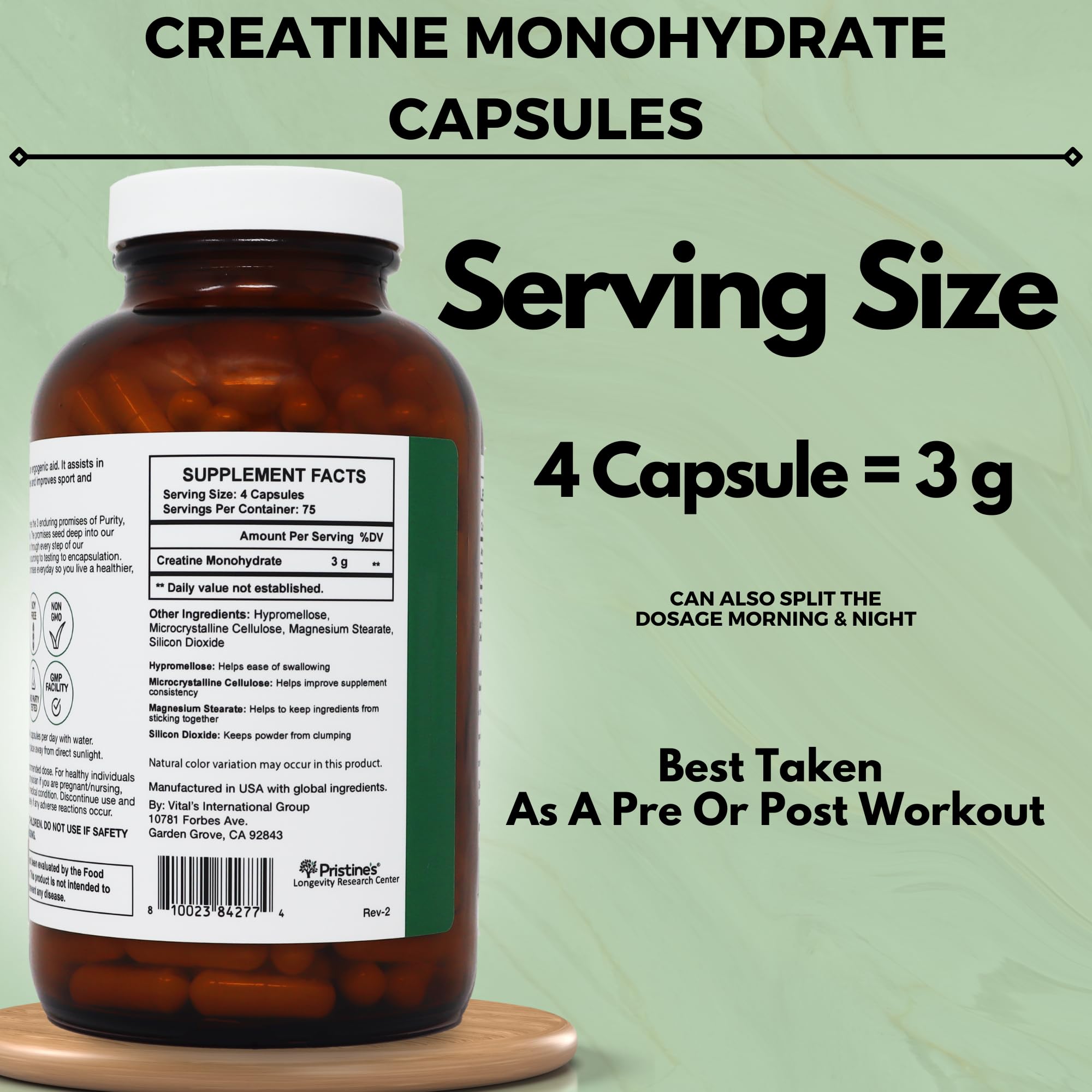 Infographic showing usage of PRISTINE Creatine Monohydrate capsules