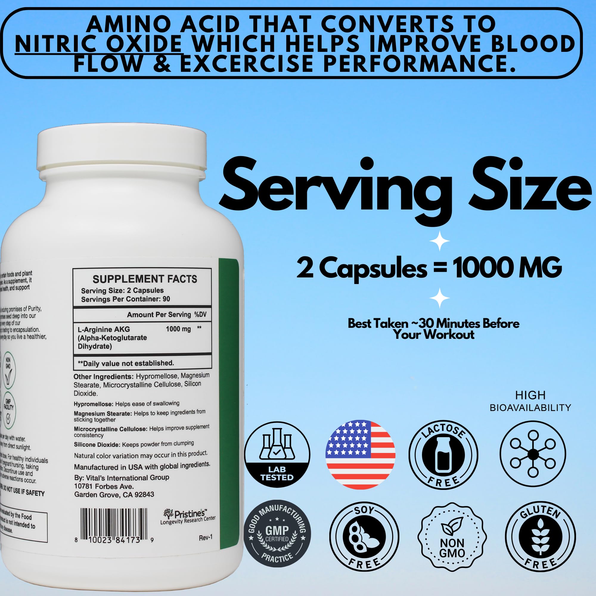 Nutrition facts label on PRISTINE L Arginine bottle