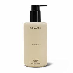 PRIVATES pH-balanced intimate wash bottle closeup, balanced skin and daily freshness.