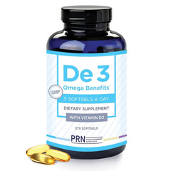 PRN De3 dry eye bottle front highlights burpless omega-3 capsules for daily eye comfort.