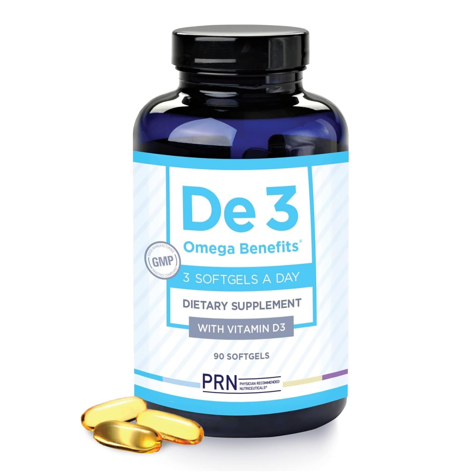 Front view of PRN De3 Dry Eye Ultra Pure rTG Omega-3 bottle