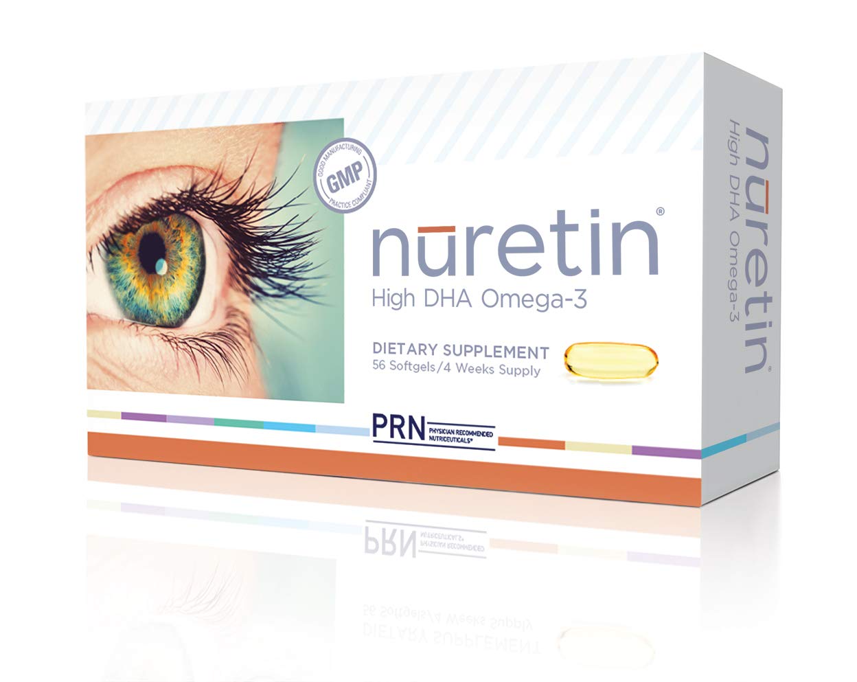 PRN Nuretin bottle with pour of softgel capsules for eye health