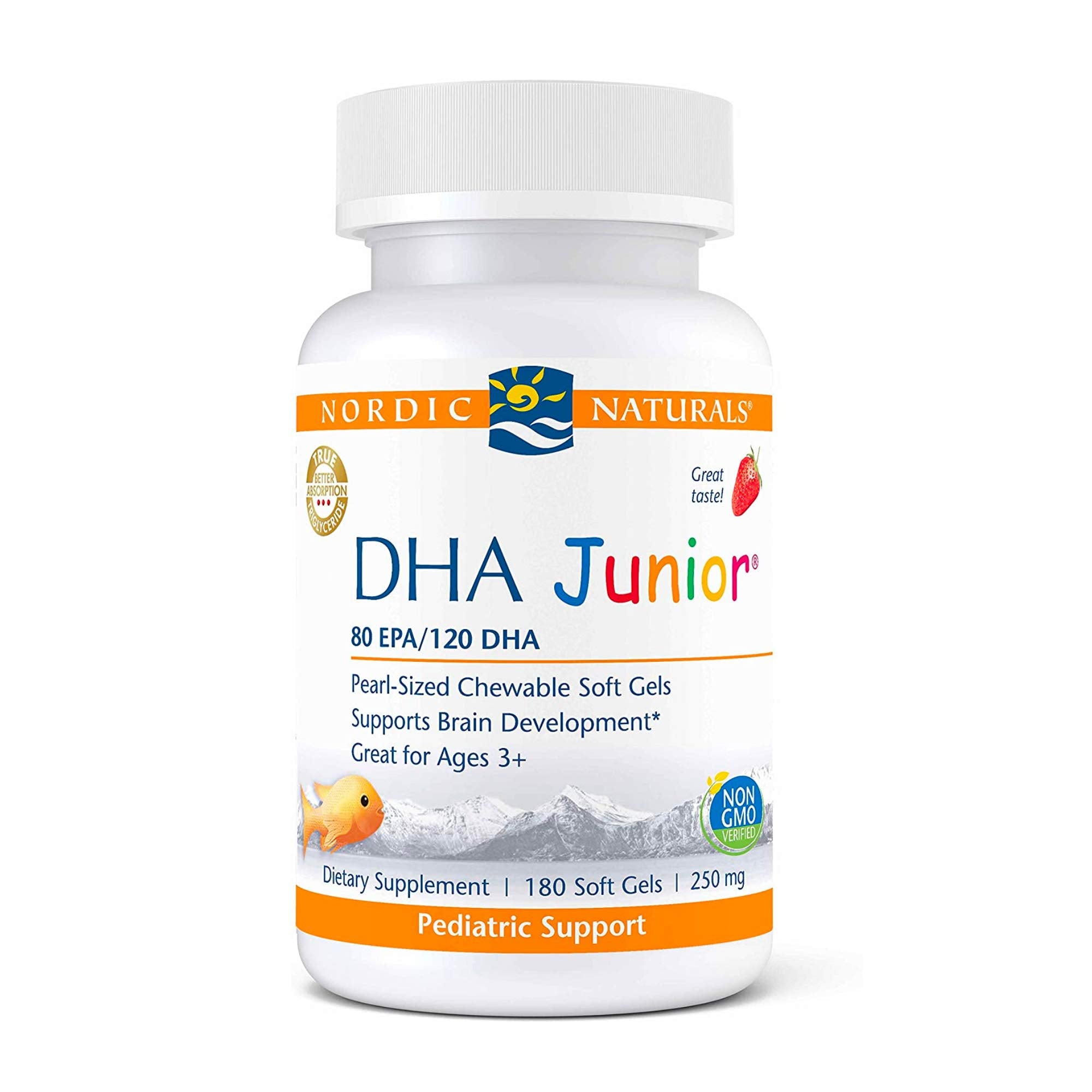 Bottle of Nordic Naturals Pro DHA Junior Strawberry 180 mini chewables