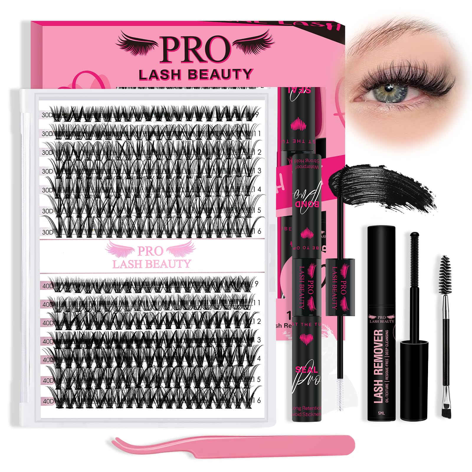 PRO LASHBEAUTY lash clusters kit tray 280pcs for easy at-home application.