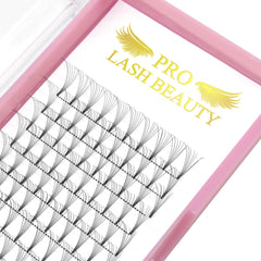 PRO LASHBEAUTY premade fans with short stem and C curl for a natural finish.
