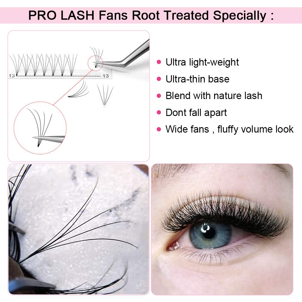 PRO LASHBEAUTY short-stem premade fans for natural-appearing volume at 17mm.