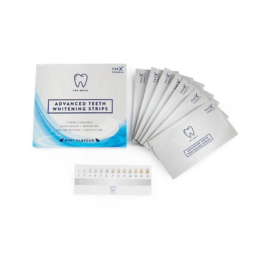 Pro White Advanced Teeth Whitening Strips package with fresh mint flavor
