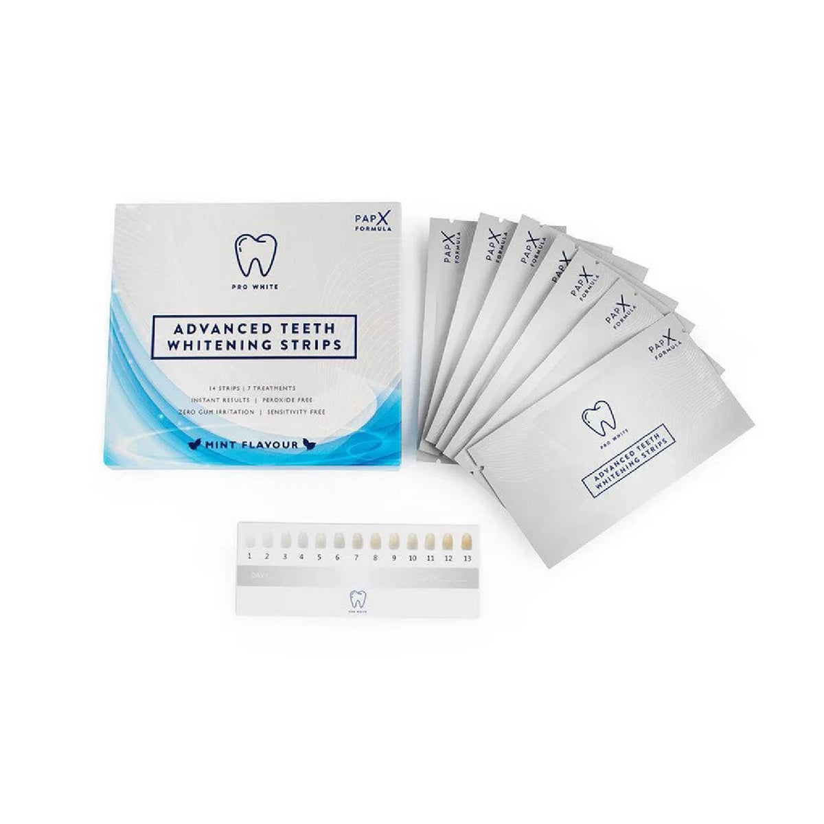 Pro White Advanced Teeth Whitening Strips package with fresh mint flavor