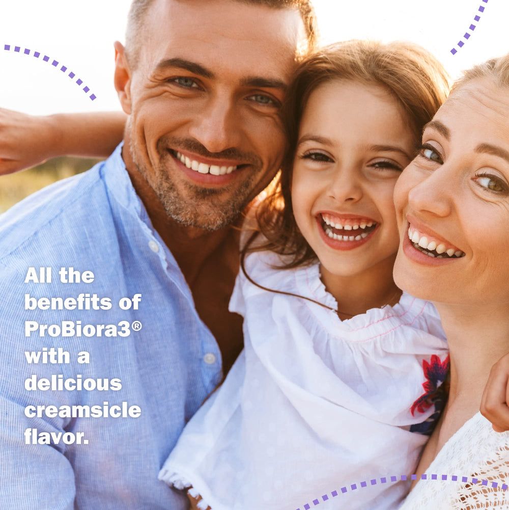 Concept image of whiter teeth with ProBiora Kids orange tablets