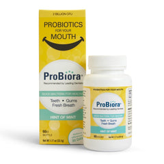 Usage instructions and product label for ProBiora Mint tablets