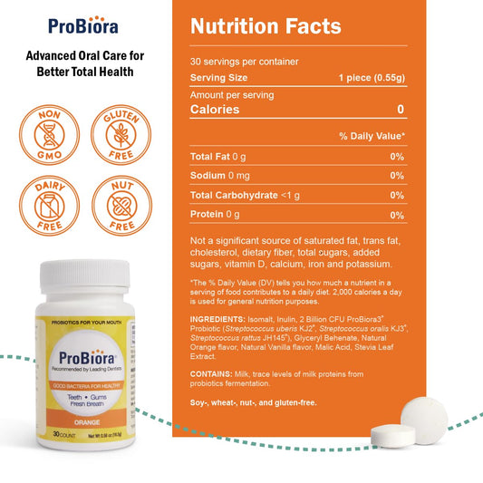 Close-up of an orange-flavored probiotic tablet
