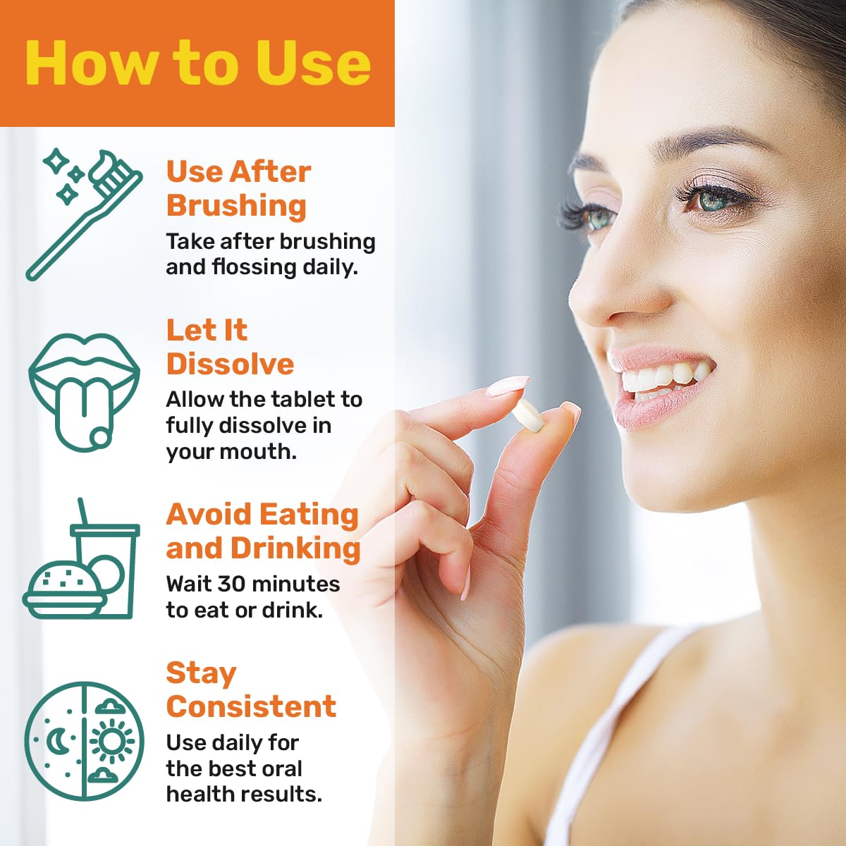 Smiling person holding ProBiora product for healthy teeth