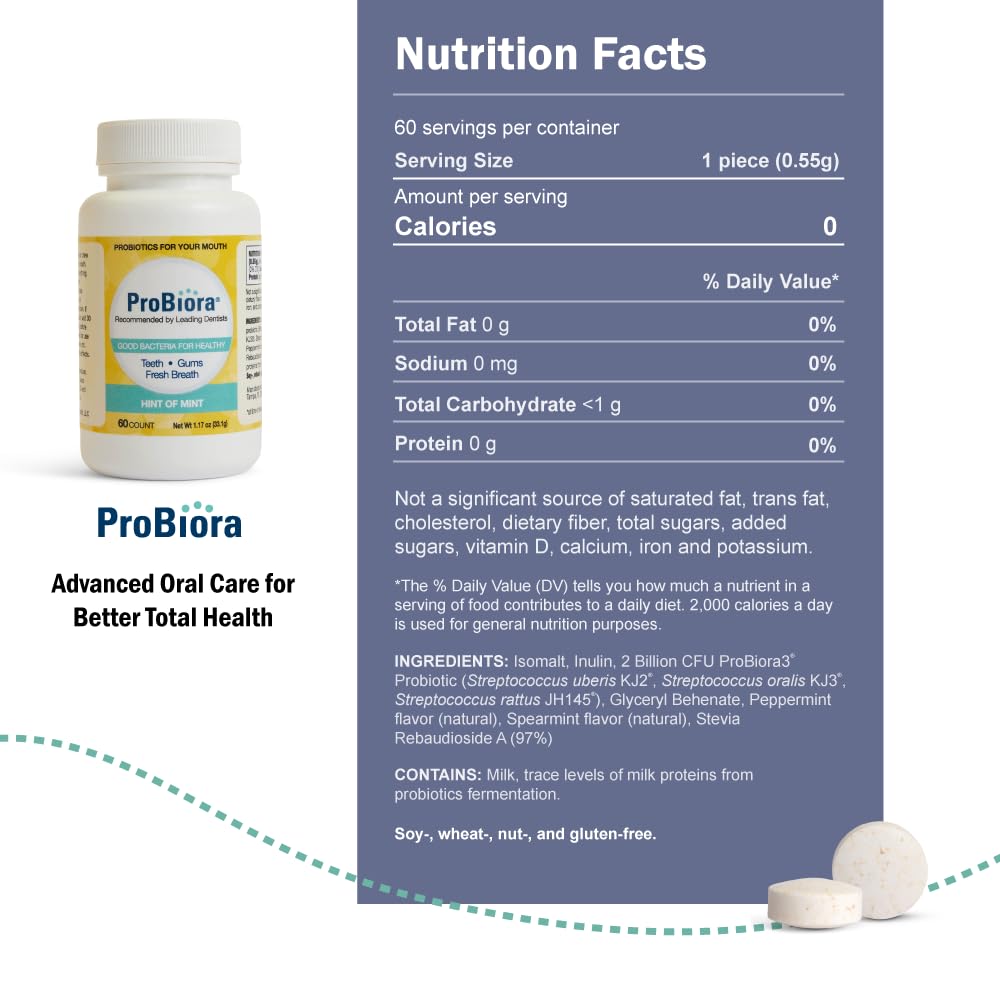 Packaging of ProBiora Oral-Care Chewable Probiotic Tablets Mint 60 Count