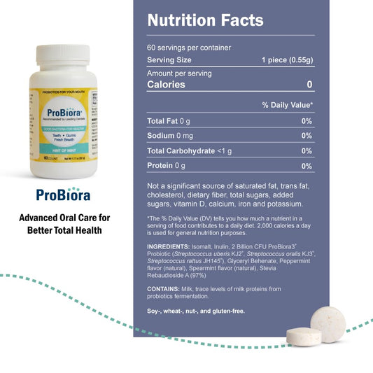 Packaging of ProBiora Oral-Care Chewable Probiotic Tablets Mint 60 Count