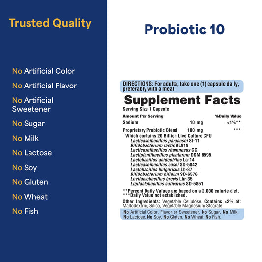 Close-up of Probiotic 10 with Vitamin D capsules inside bottle