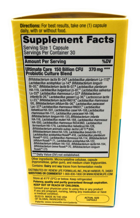 Close-up of capsules in PROBIOTIC 150B ULTMT Care bottle