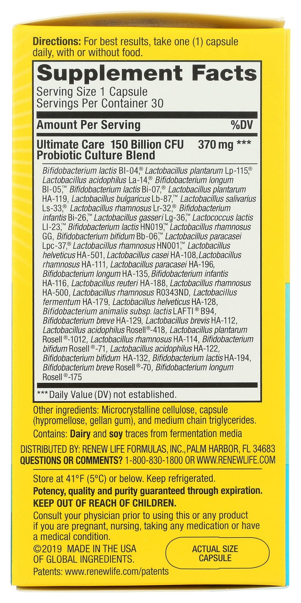 Prop 65 warning label on PROBIOTIC 150B ULTMT Care packaging