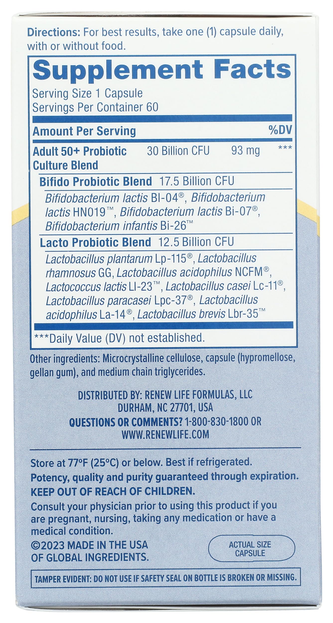 Ingredients and probiotic strains of Renew Life Ultimate Flora 50+ Probiotic