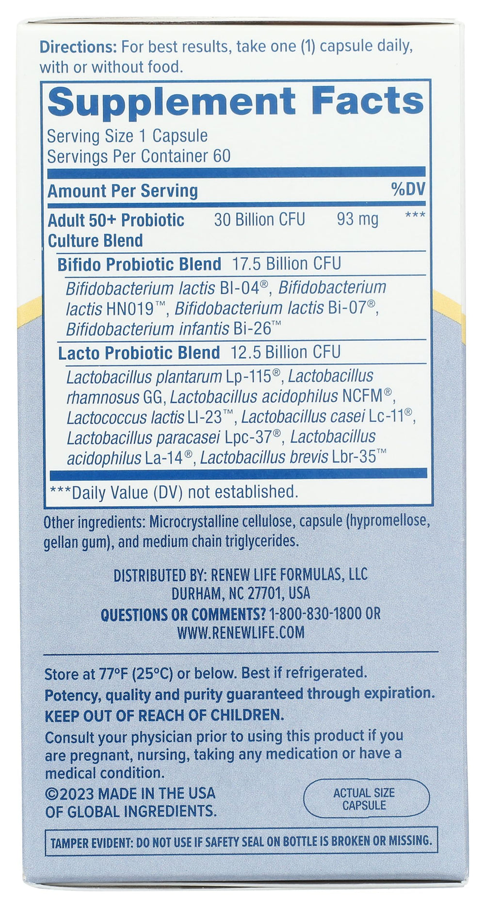 Ingredients and probiotic strains of Renew Life Ultimate Flora 50+ Probiotic