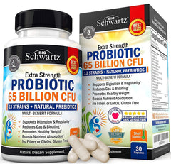 Front view of BioSchwartz Probiotic 65 Billion with Prebiotic bottle