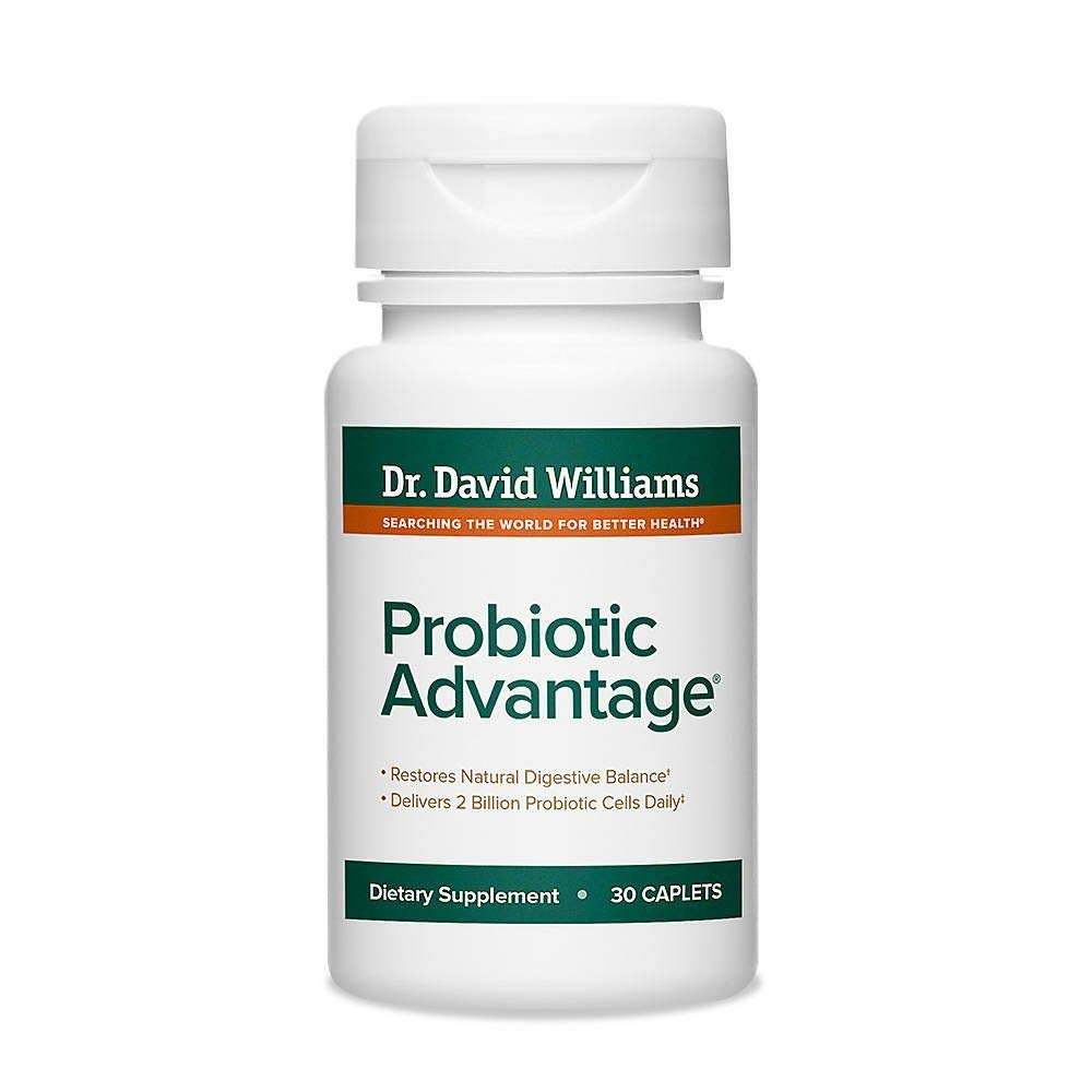 Bottle of Dr. David Williams Probiotic Advantage with 30 caplets