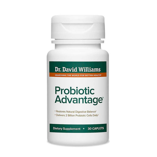 Bottle of Dr. David Williams Probiotic Advantage with 30 caplets