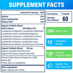 Close-up of probiotic bottle highlighting 12 strains and 3 organic prebiotics