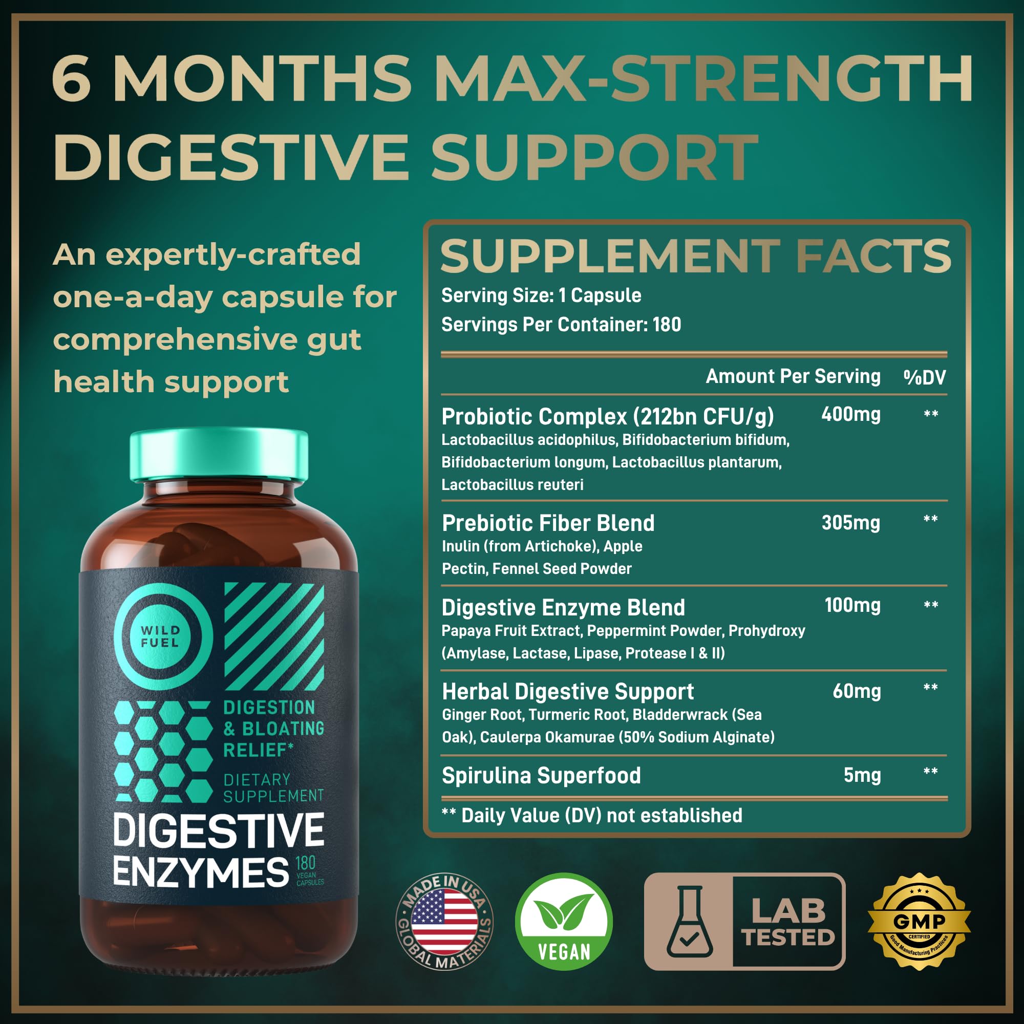 Close-up of probiotic capsules and enzyme blend ingredients