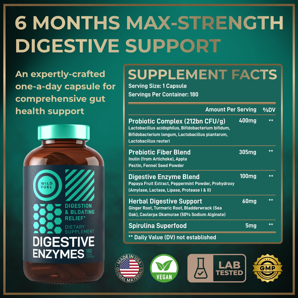 Close-up of probiotic capsules and enzyme blend ingredients