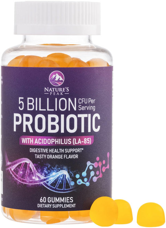 Orange-flavored probiotic gummies bottle with 60 count label