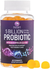 Orange-flavored probiotic gummies bottle with 60 count label