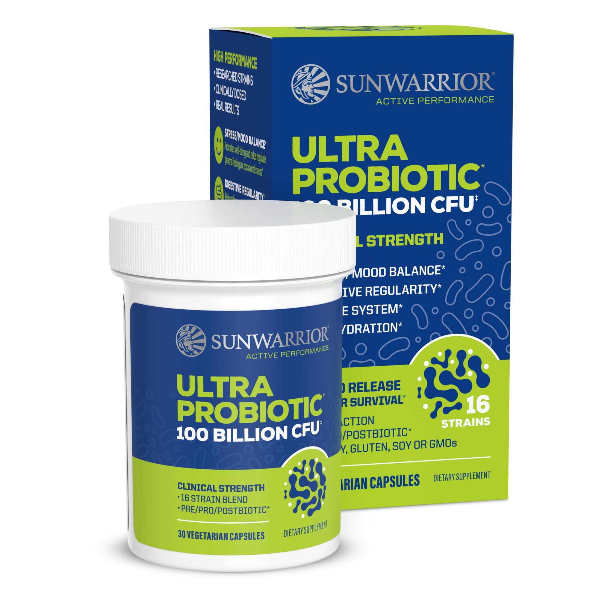 Bottle label shows 100 Billion CFU and 16 strains probiotic