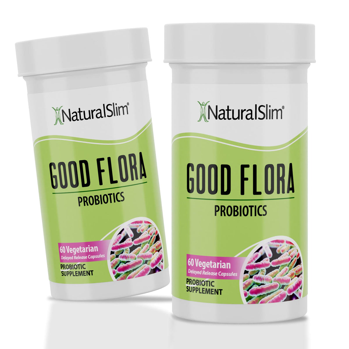 Good Flora probiotic bottle showing 60 vegetarian capsules