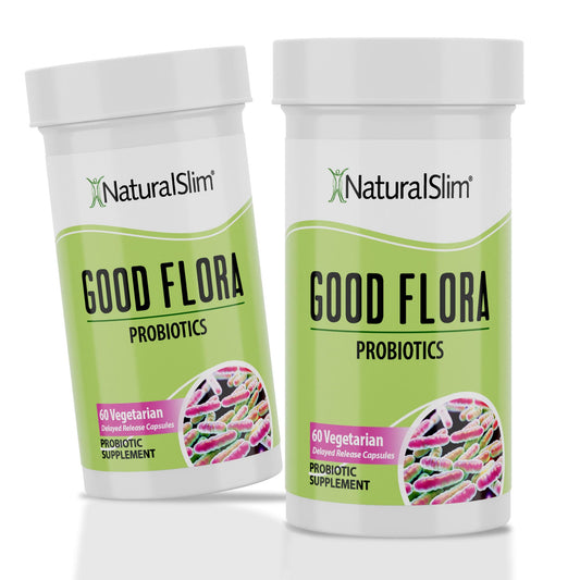 Good Flora probiotic bottle showing 60 vegetarian capsules