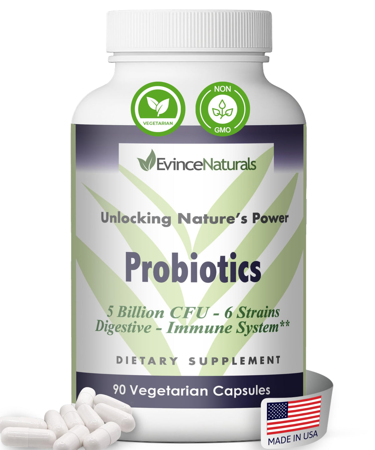 Bottle of probiotic and prebiotic supplement with 6 strains