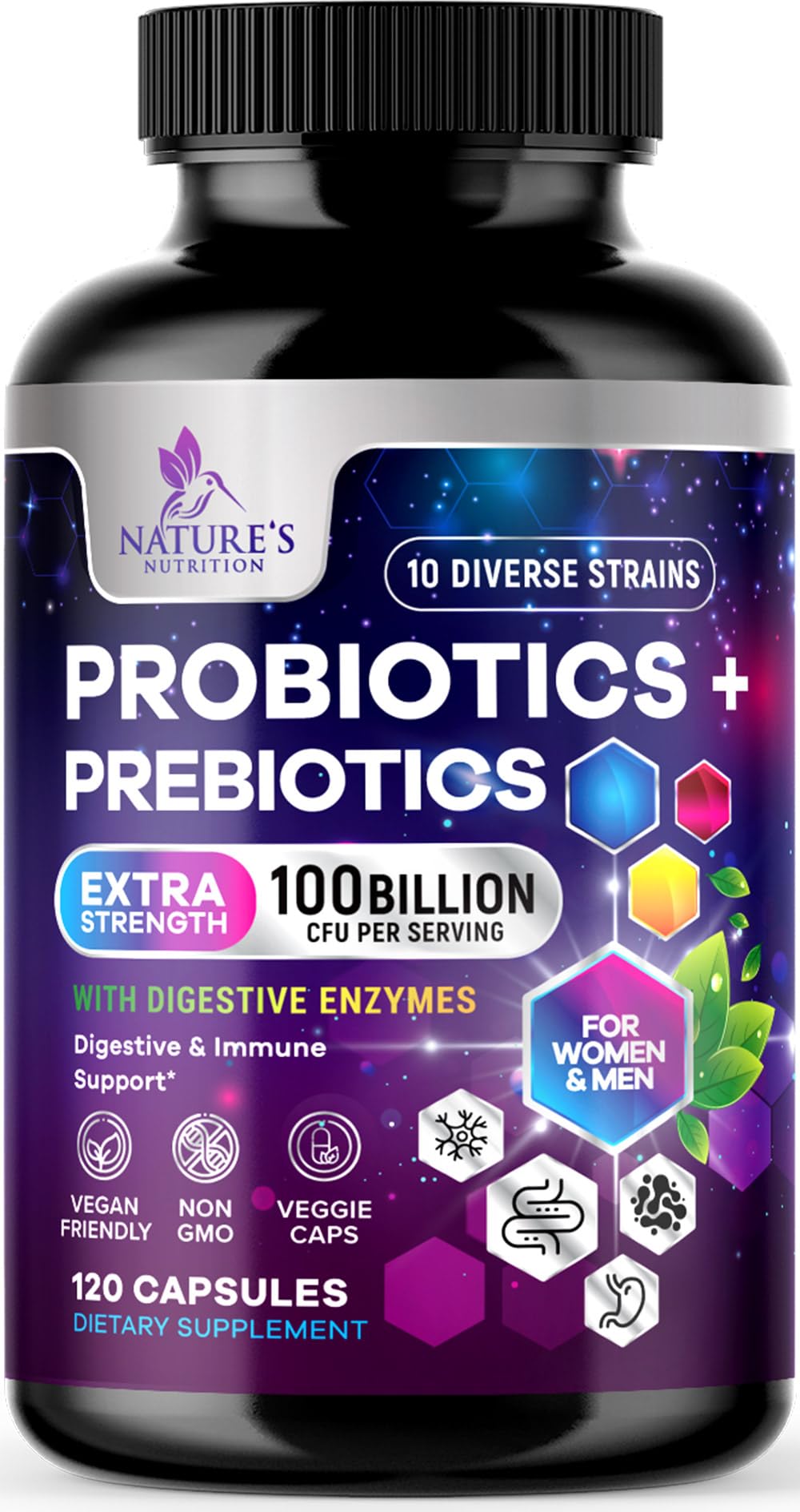 Bottle label showing 100 Billion CFU and 10 probiotic strains