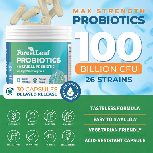 Close-up of probiotic label highlighting 100 Billion CFU and 26 strains