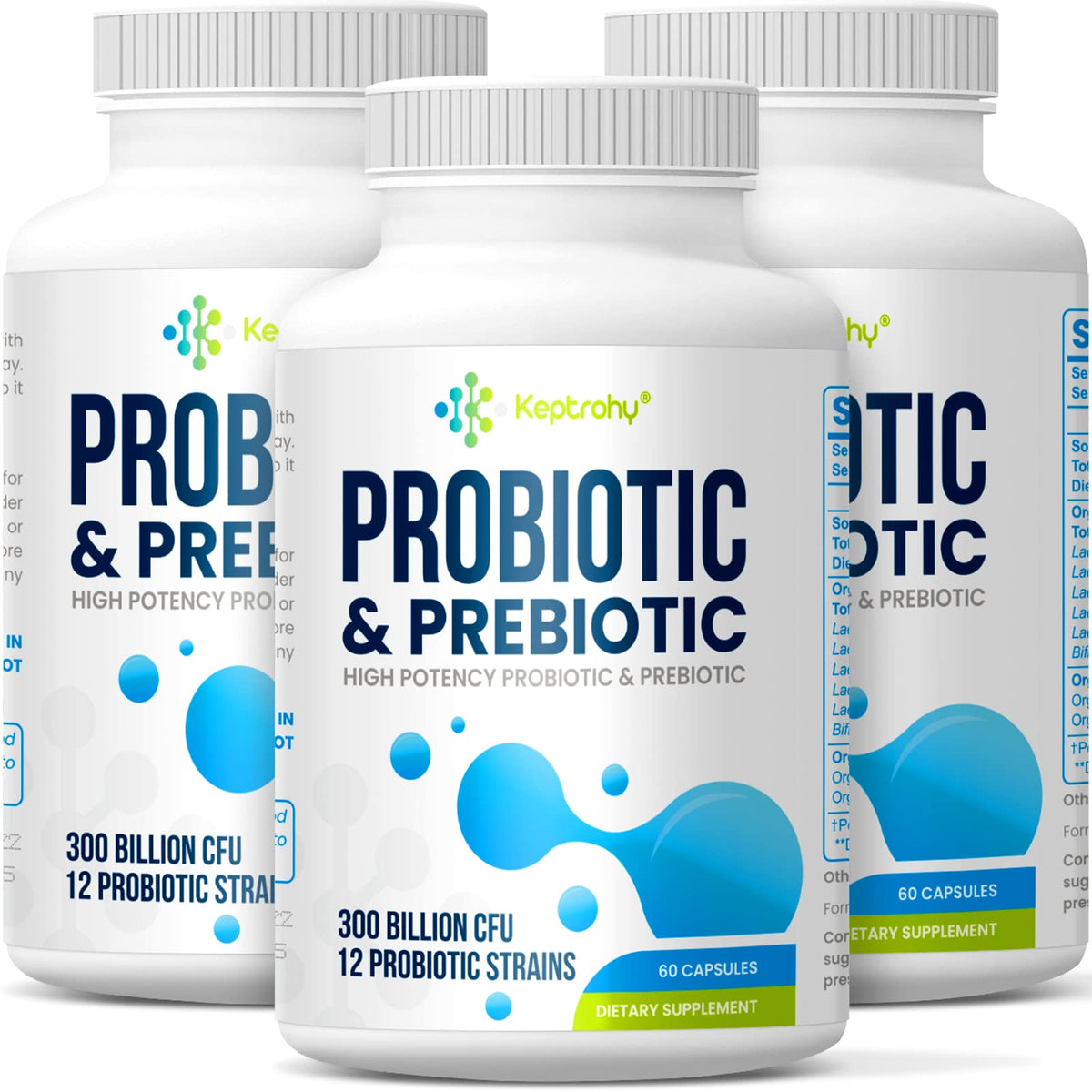 Probiotic bottle label showing 300 Billion CFU and 12 strains