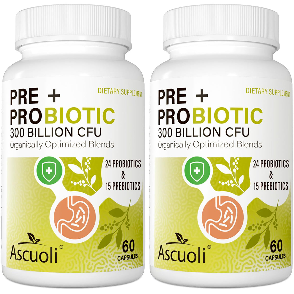 Bottle of probiotic capsules with label showing 300B CFU and 24 strains