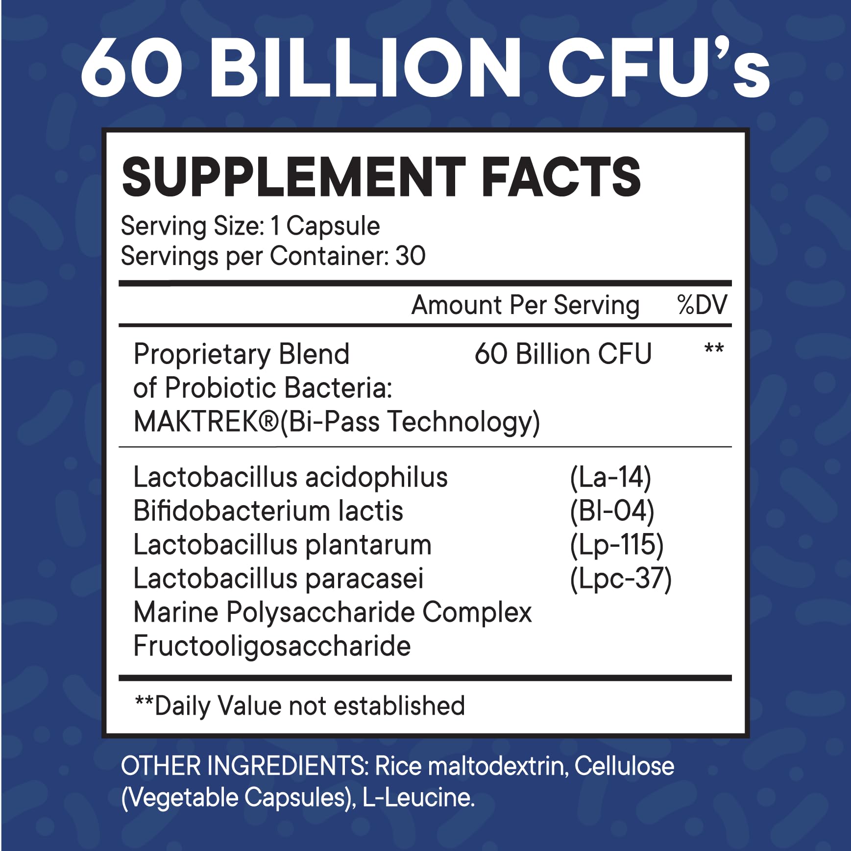 Label on probiotic bottle showing 60 Billion CFU with Prebiotic