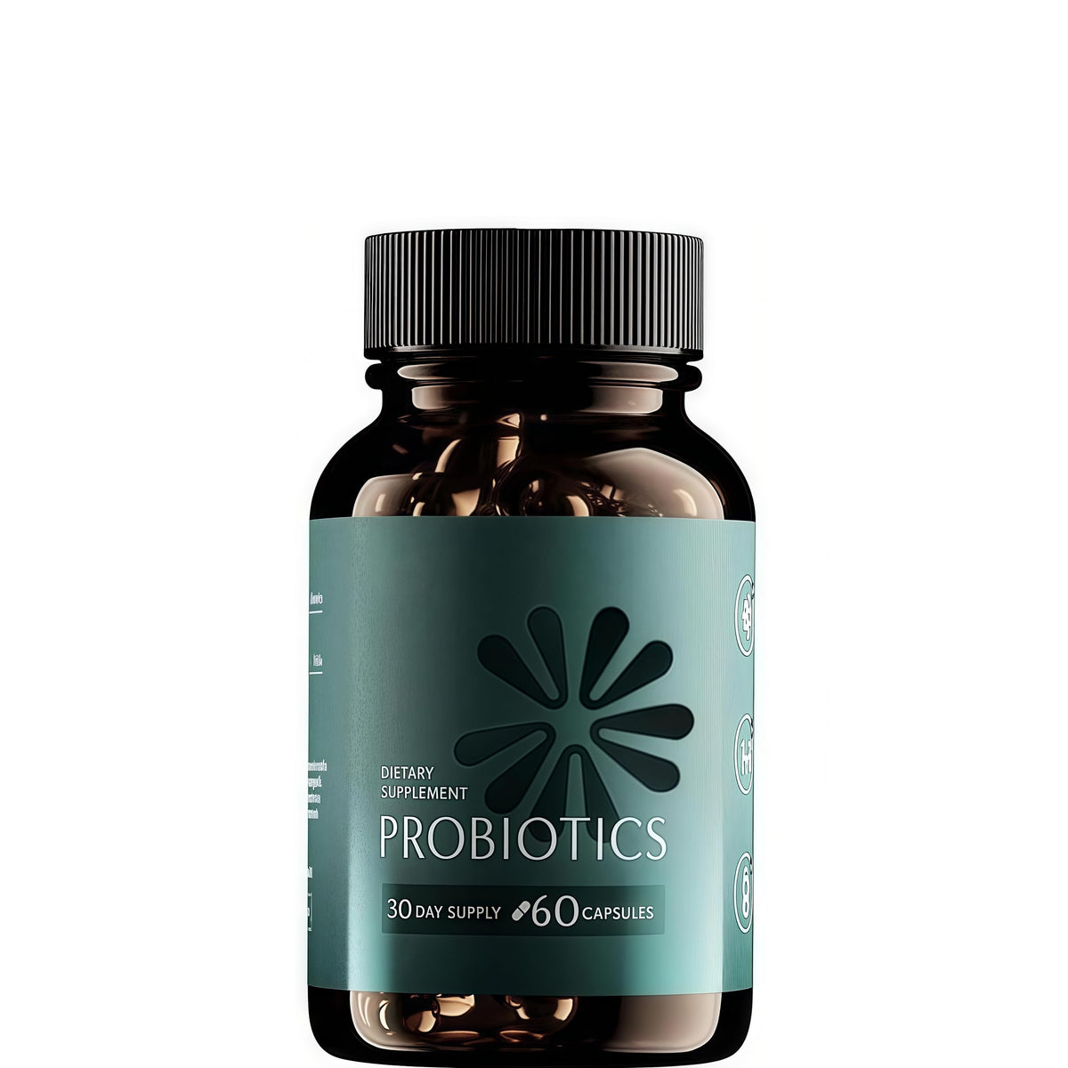 Probiotic bottle displaying 60 delayed-release capsules