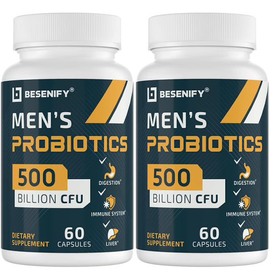 Bottle of Probiotics for Men showing 500B CFUs and 12 strains