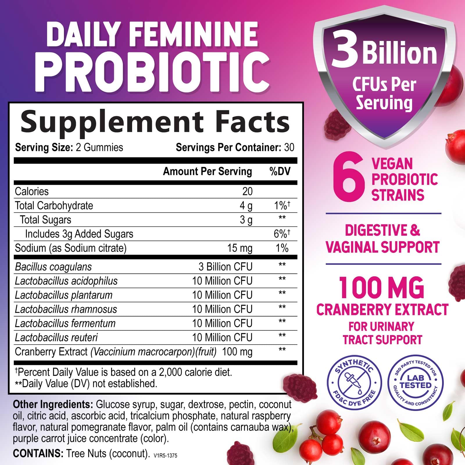 Product label for Probiotics for Women Gummies with Cranberry