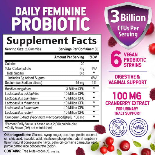 Product label for Probiotics for Women Gummies with Cranberry