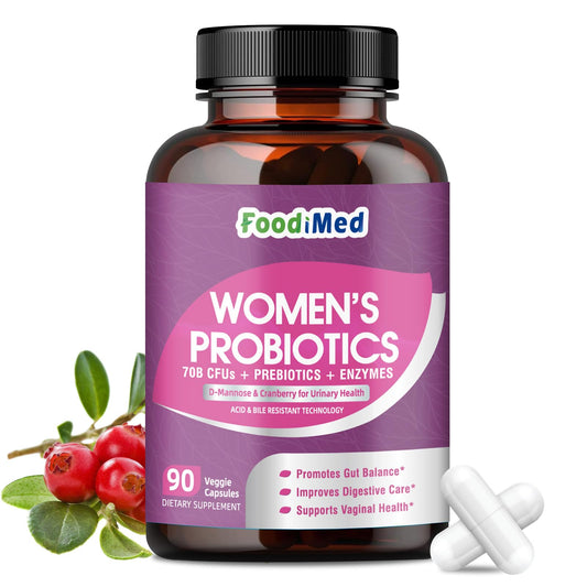 Bottle of women's probiotic with 70 billion CFU for digestive health (90 capsules)