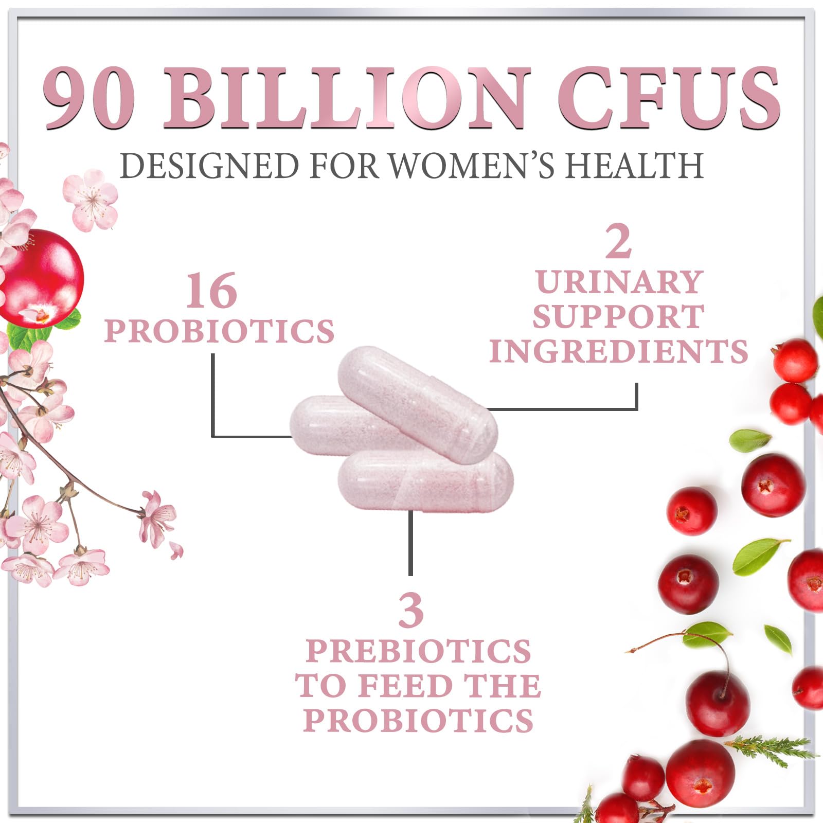 Close-up of 90B CFU women's probiotic bottle with cranberry