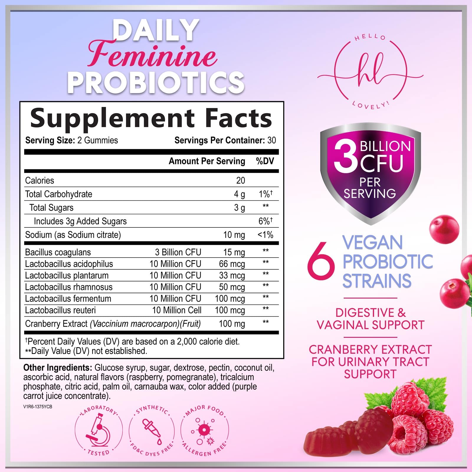 Cranberry-infused feminine health probiotic gummies on white background